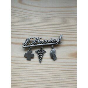 Vintage signed JJ Nursing Brooch Medical Charms Dangling I Heart Love Nursing